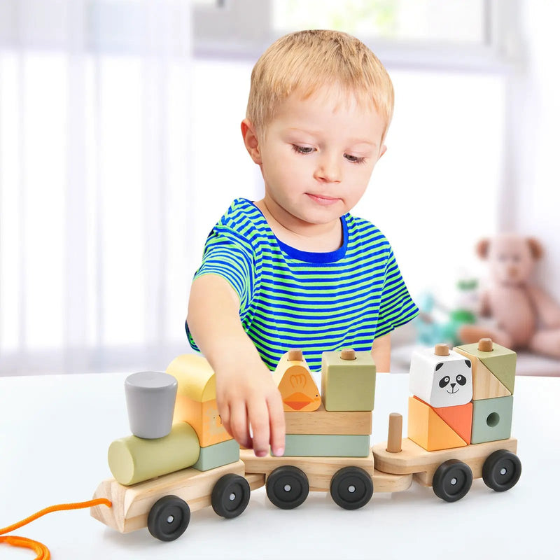 3-Section Toy Wooden Train Set with Stackable Building Blocks by DirectDeals
