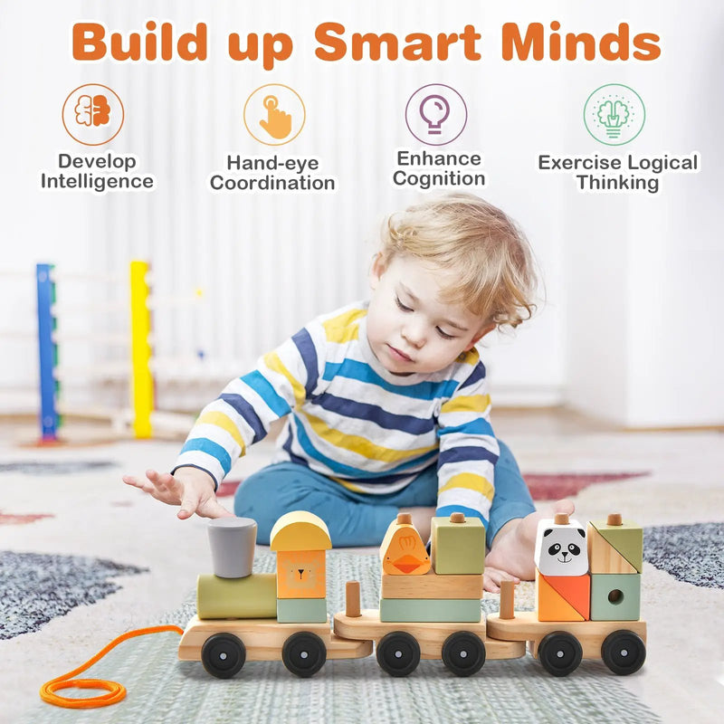 3-Section Toy Wooden Train Set with Stackable Building Blocks by DirectDeals
