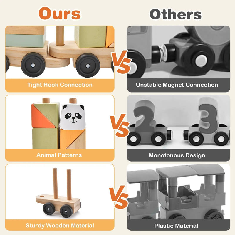 3-Section Toy Wooden Train Set with Stackable Building Blocks by DirectDeals