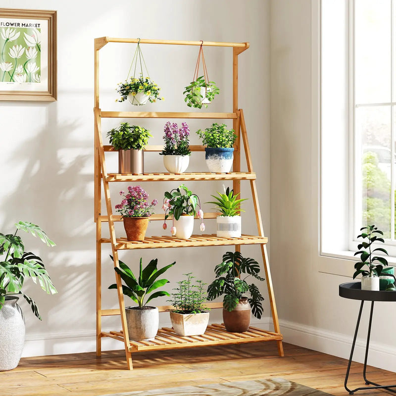 3 Tier Bamboo Hanging Plant Stand with Height Adjustable Hanger Rod-Natural by DirectDeals