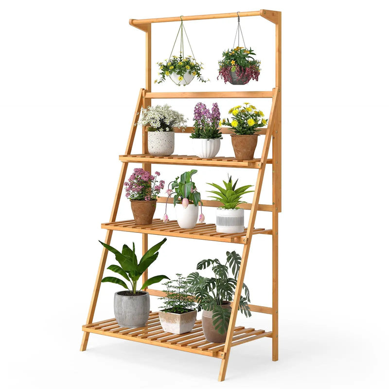 3 Tier Bamboo Hanging Plant Stand with Height Adjustable Hanger Rod-Natural by DirectDeals