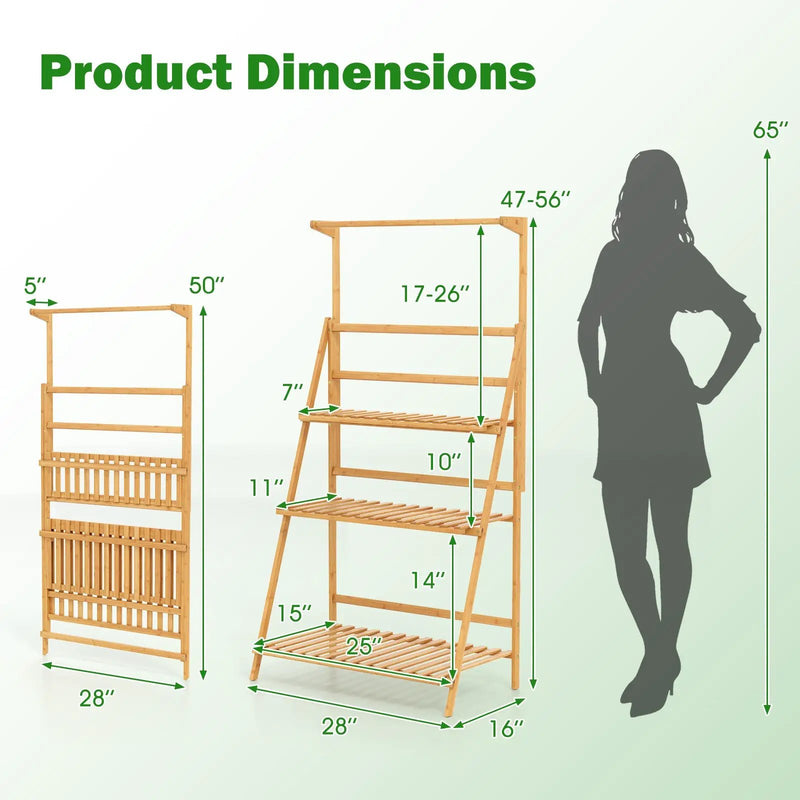 3 Tier Bamboo Hanging Plant Stand with Height Adjustable Hanger Rod-Natural by DirectDeals