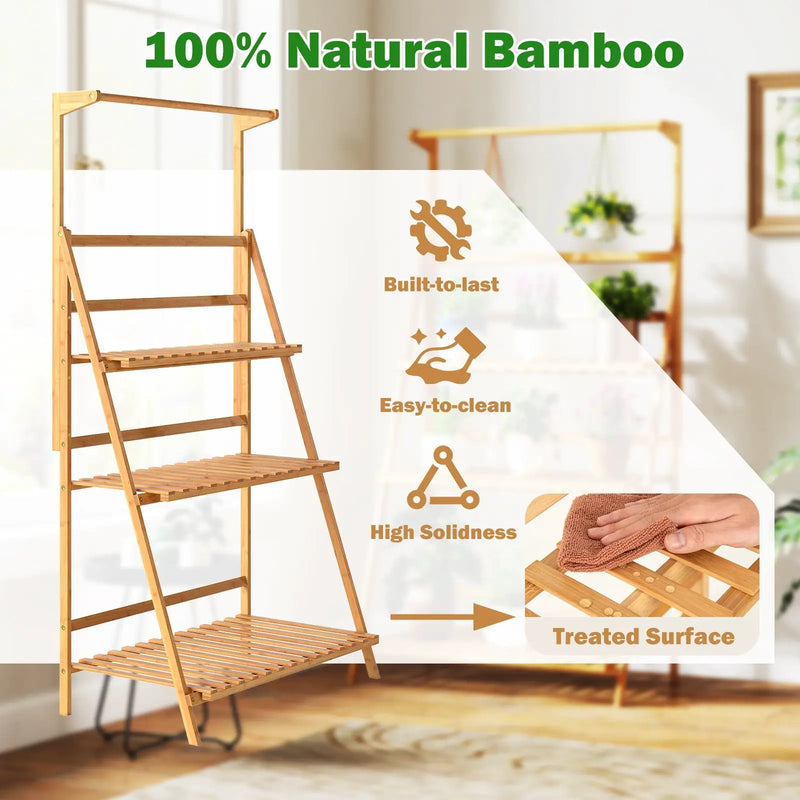 3 Tier Bamboo Hanging Plant Stand with Height Adjustable Hanger Rod-Natural by DirectDeals