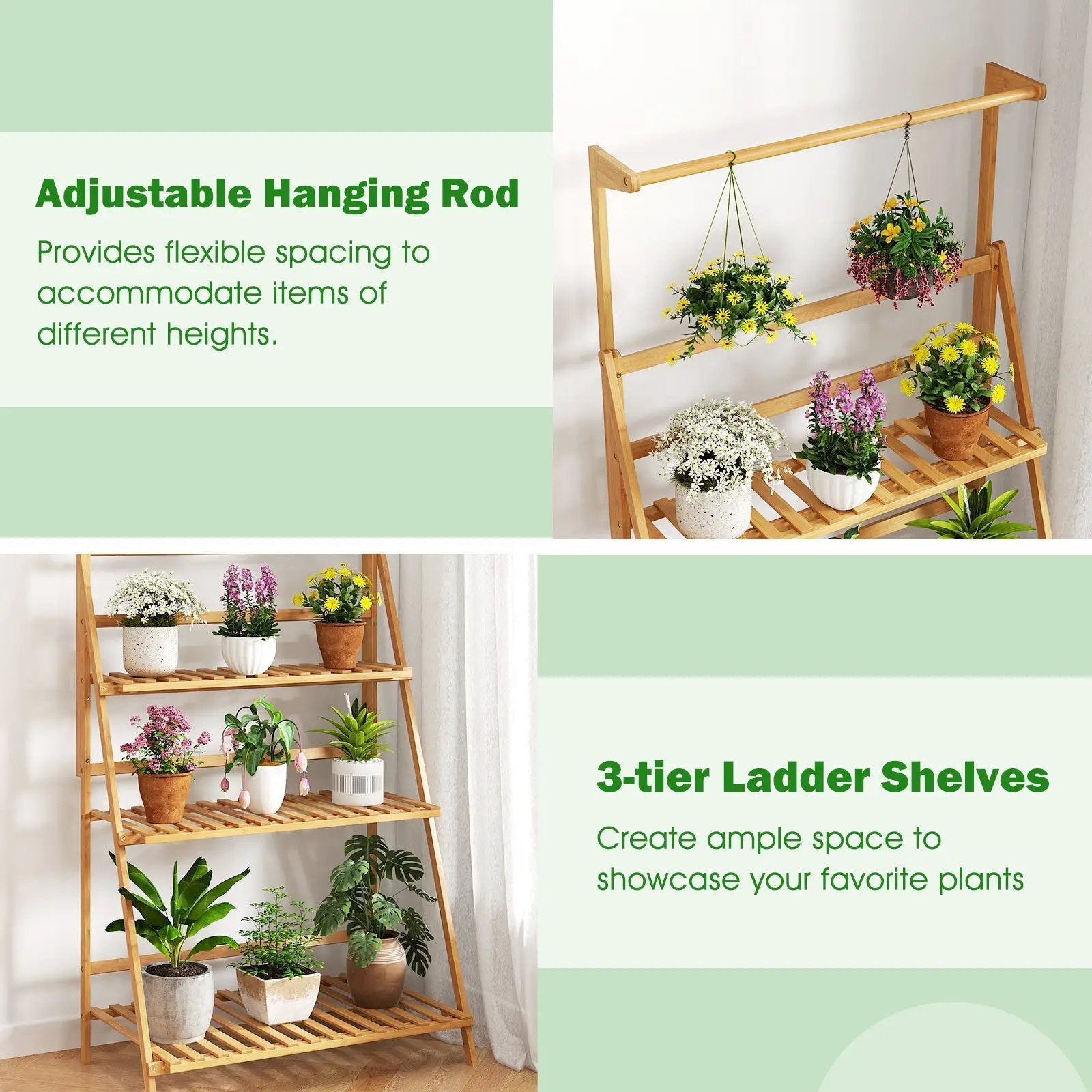 3 Tier Bamboo Hanging Plant Stand with Height Adjustable Hanger Rod-Natural by DirectDeals