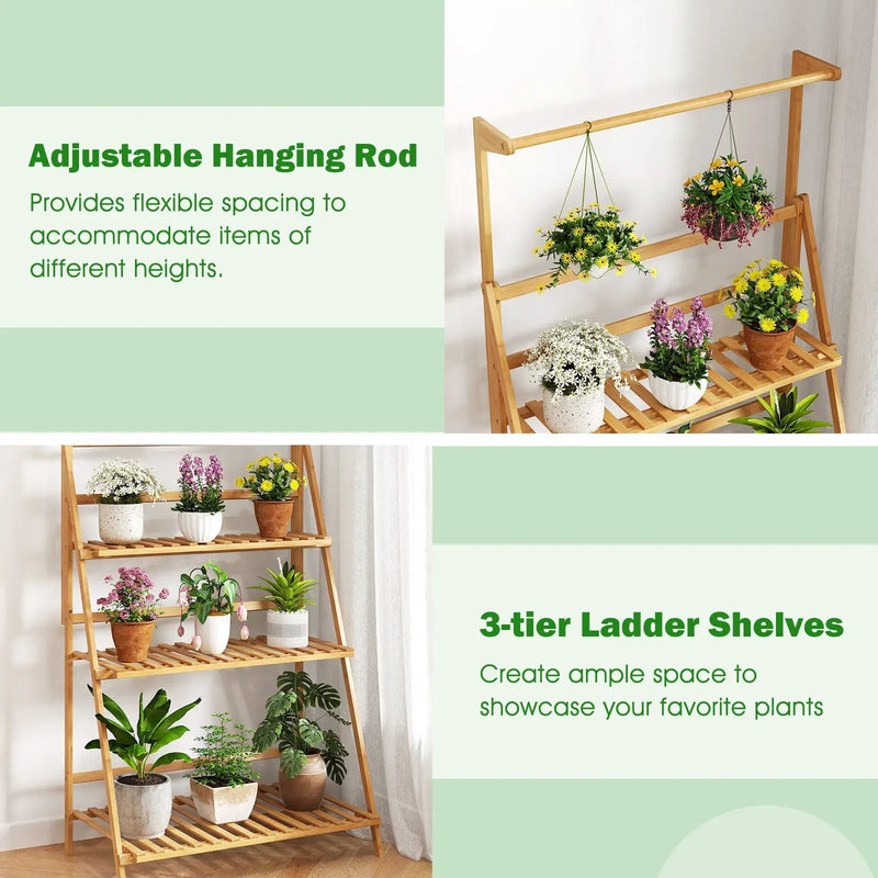 3 Tier Bamboo Hanging Plant Stand with Height Adjustable Hanger Rod-Natural by DirectDeals