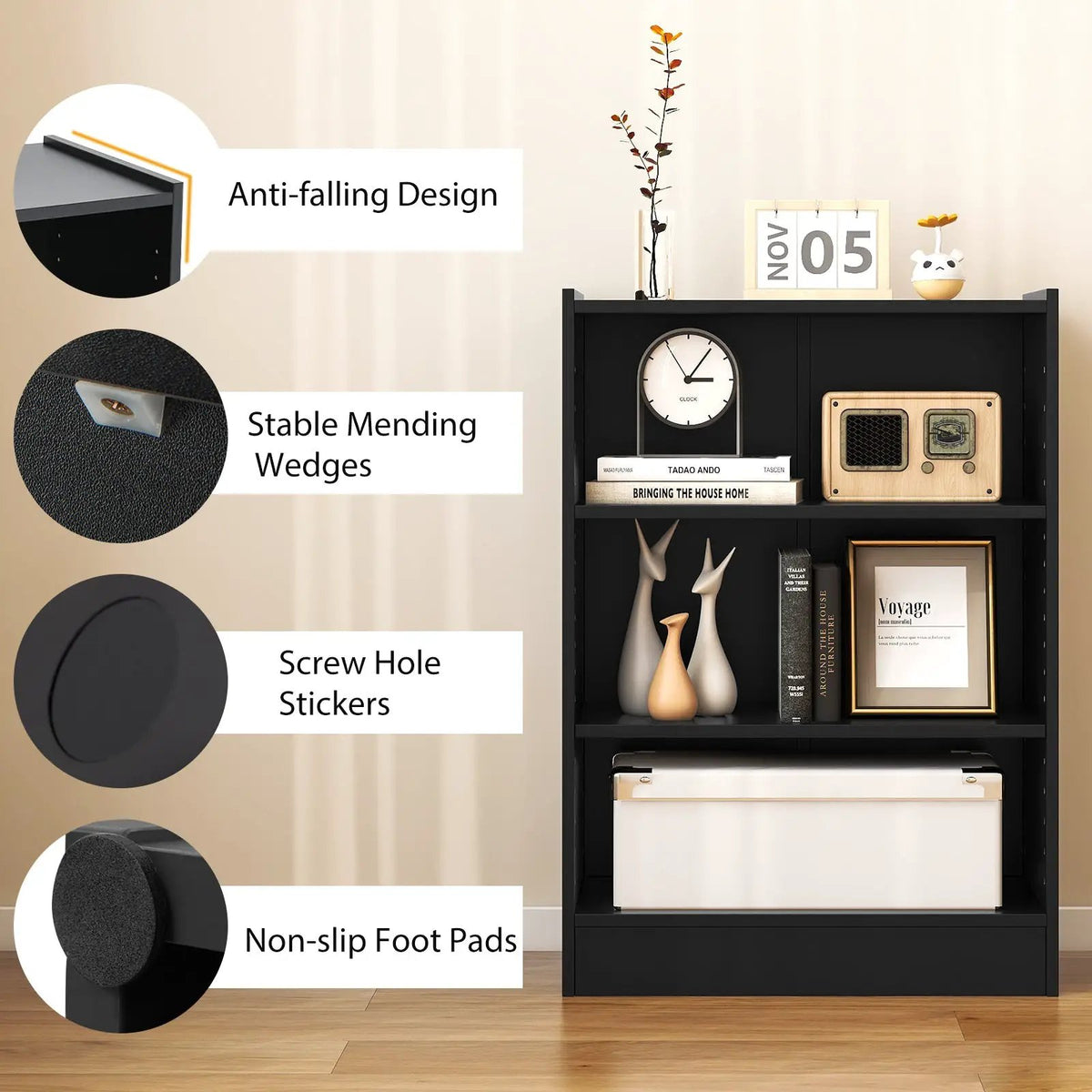 3-Tier Bookcase Open Display Rack Cabinet with Adjustable Shelves by DirectDeals