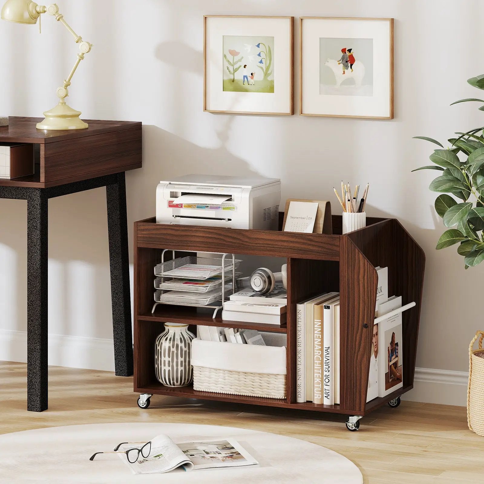 3-Tier Side End Table with Universal Wheels-Walnut by DirectDeals