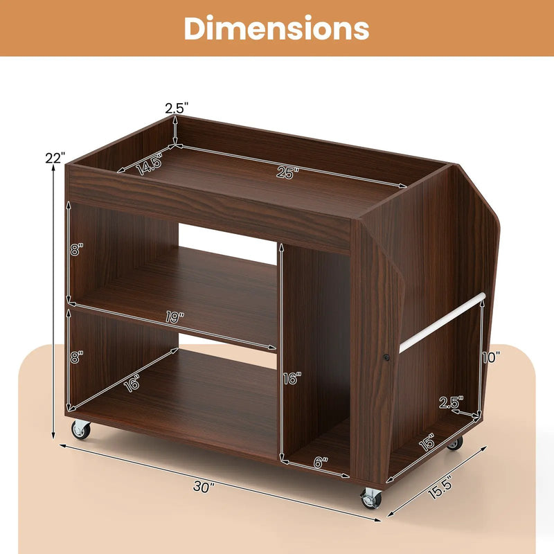 3-Tier Side End Table with Universal Wheels-Walnut by DirectDeals