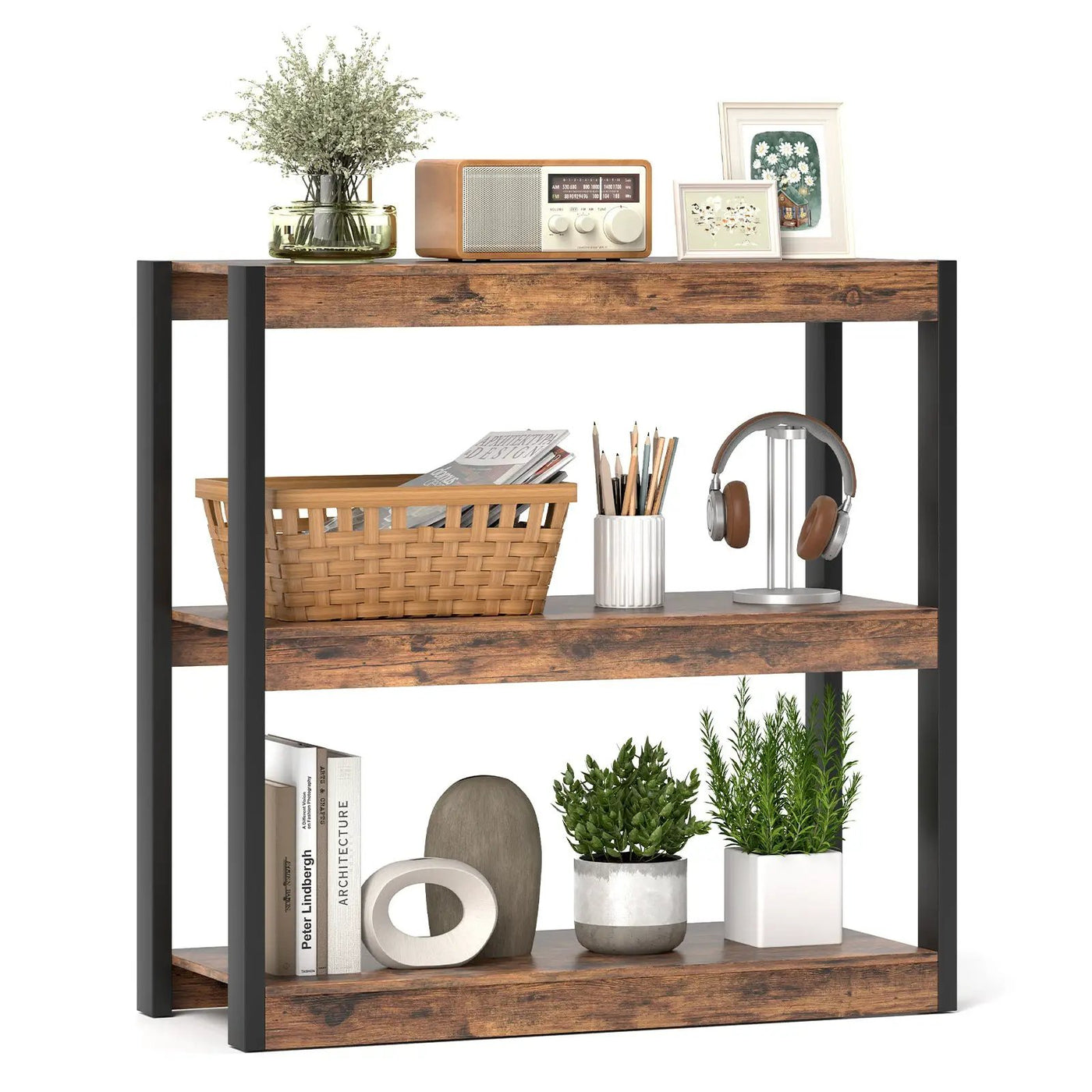 3 Tier Bookshelf Wooden Bookcase with Dual Anti-Tipping Kits by DirectDeals