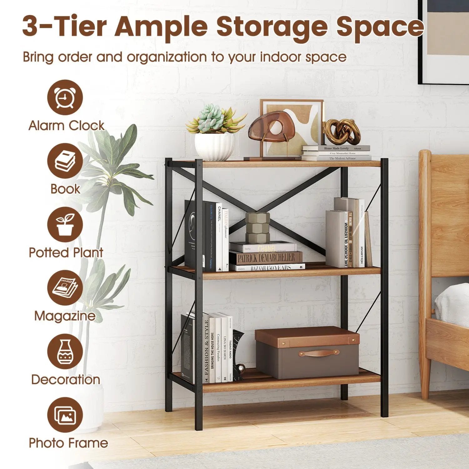 3-Tier Bookshelf with Heavy-Duty Metal Frame by DirectDeals