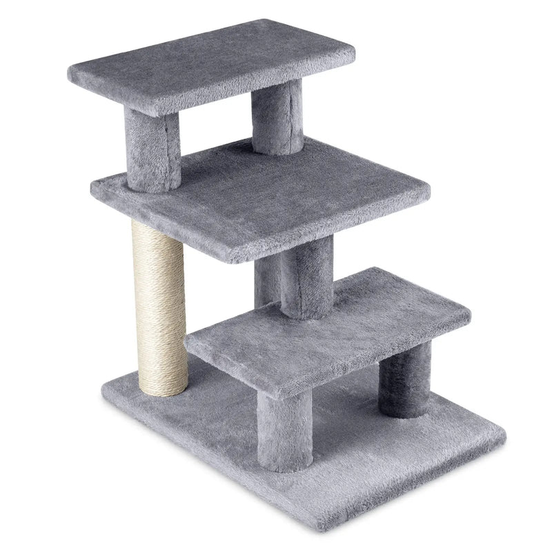 3-Tier Cat Stairs 19 Inch Plush Steps with Scratching Posts for High Bed Sofa-Gray by DirectDeals