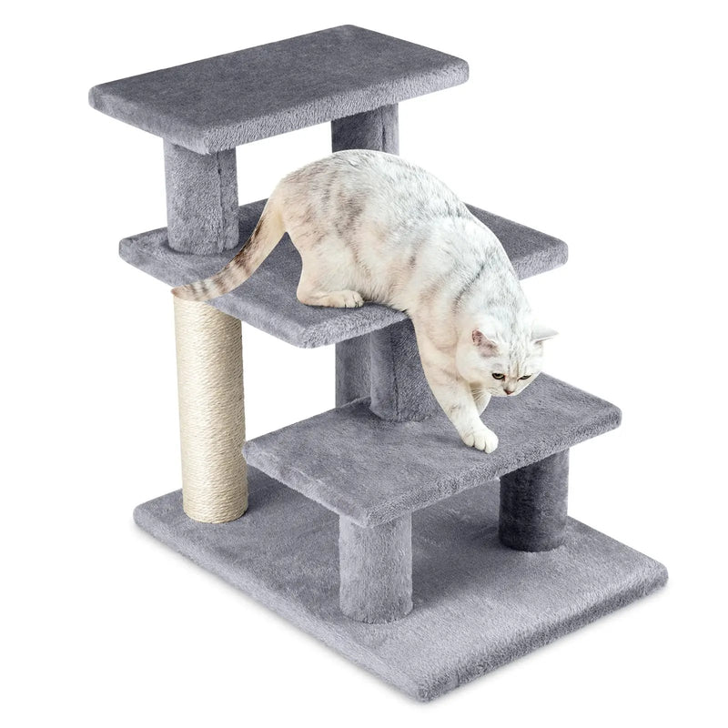 3-Tier Cat Stairs 19 Inch Plush Steps with Scratching Posts for High Bed Sofa-Gray by DirectDeals