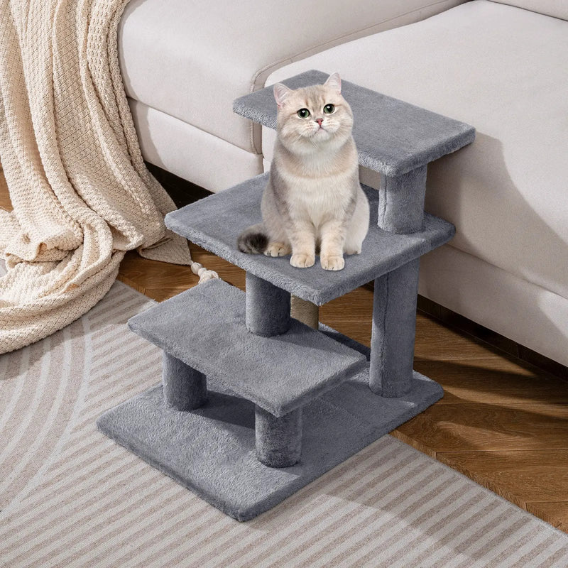 3-Tier Cat Stairs 19 Inch Plush Steps with Scratching Posts for High Bed Sofa-Gray by DirectDeals