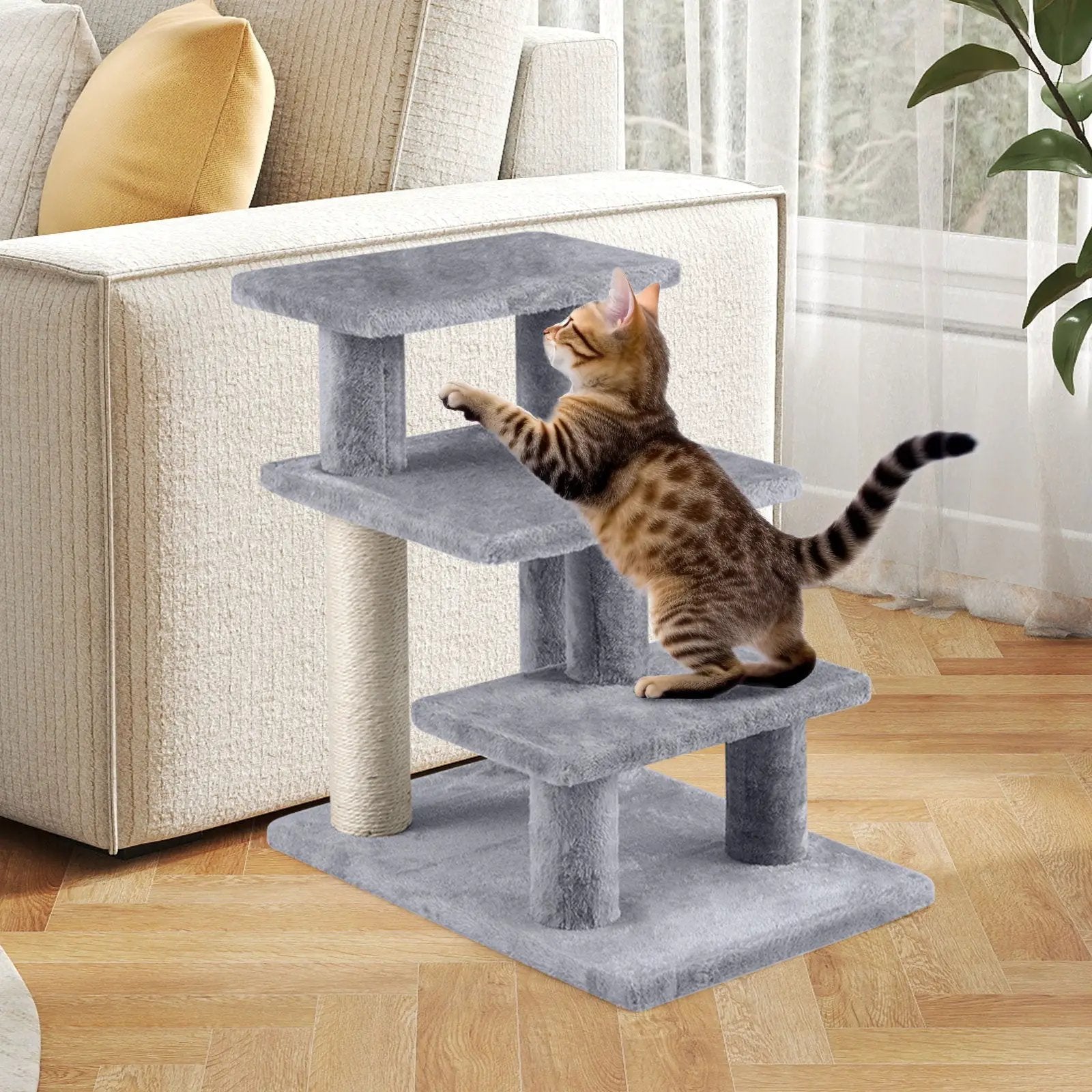 3-Tier Cat Stairs 19 Inch Plush Steps with Scratching Posts for High Bed Sofa-Gray by DirectDeals