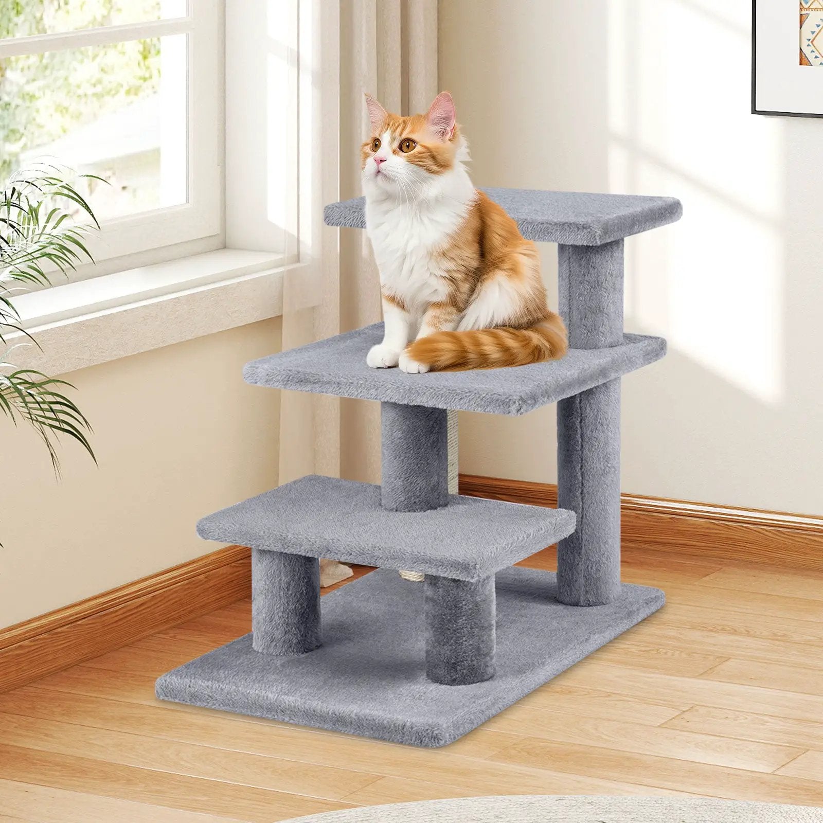 3-Tier Cat Stairs 19 Inch Plush Steps with Scratching Posts for High Bed Sofa-Gray by DirectDeals