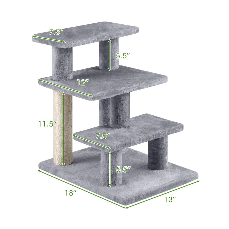 3-Tier Cat Stairs 19 Inch Plush Steps with Scratching Posts for High Bed Sofa-Gray by DirectDeals