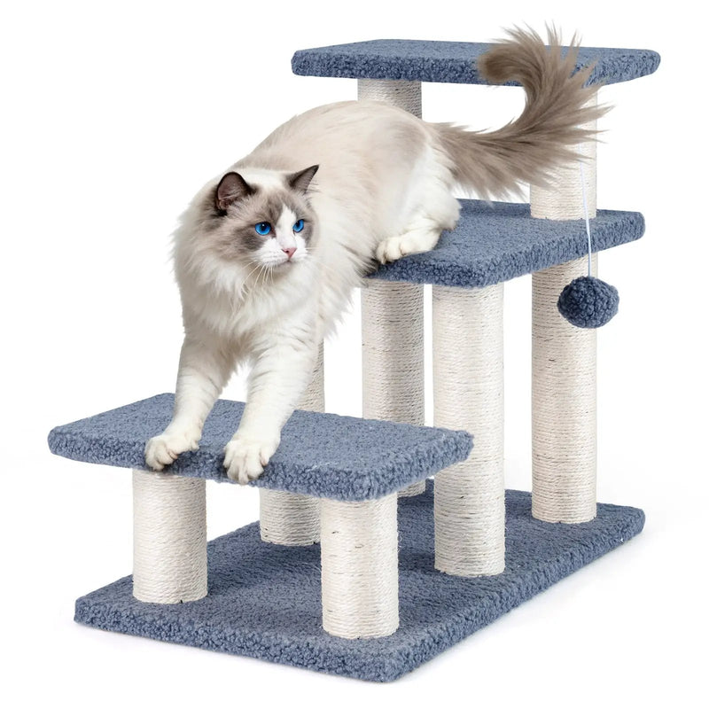 3-Tier Cat Stairs 20 Inch with Scratching Posts and Hanging Toy Ball-Gray by DirectDeals