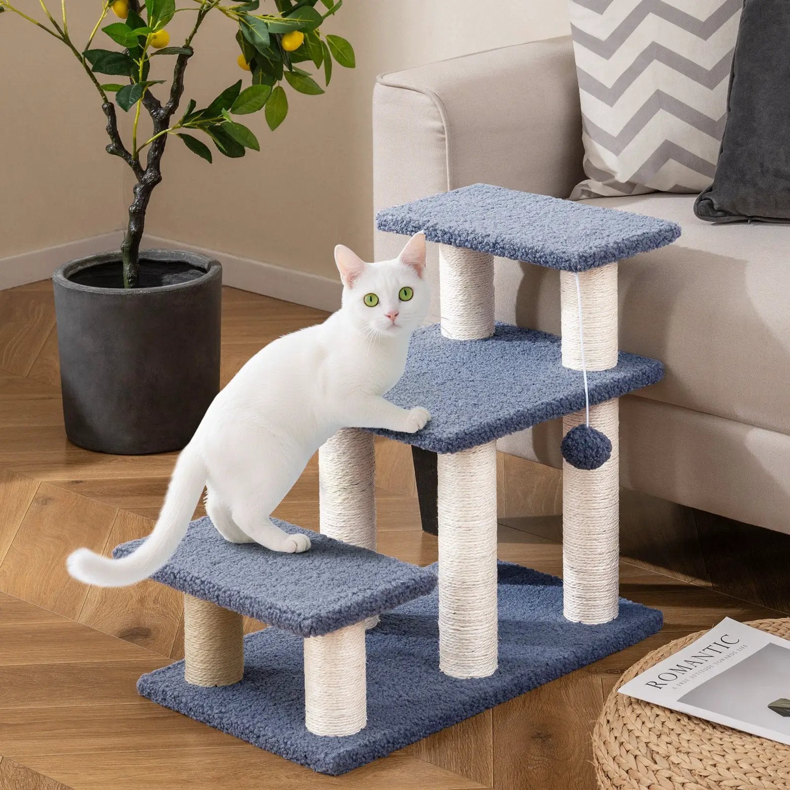 3-Tier Cat Stairs 20 Inch with Scratching Posts and Hanging Toy Ball-Gray by DirectDeals