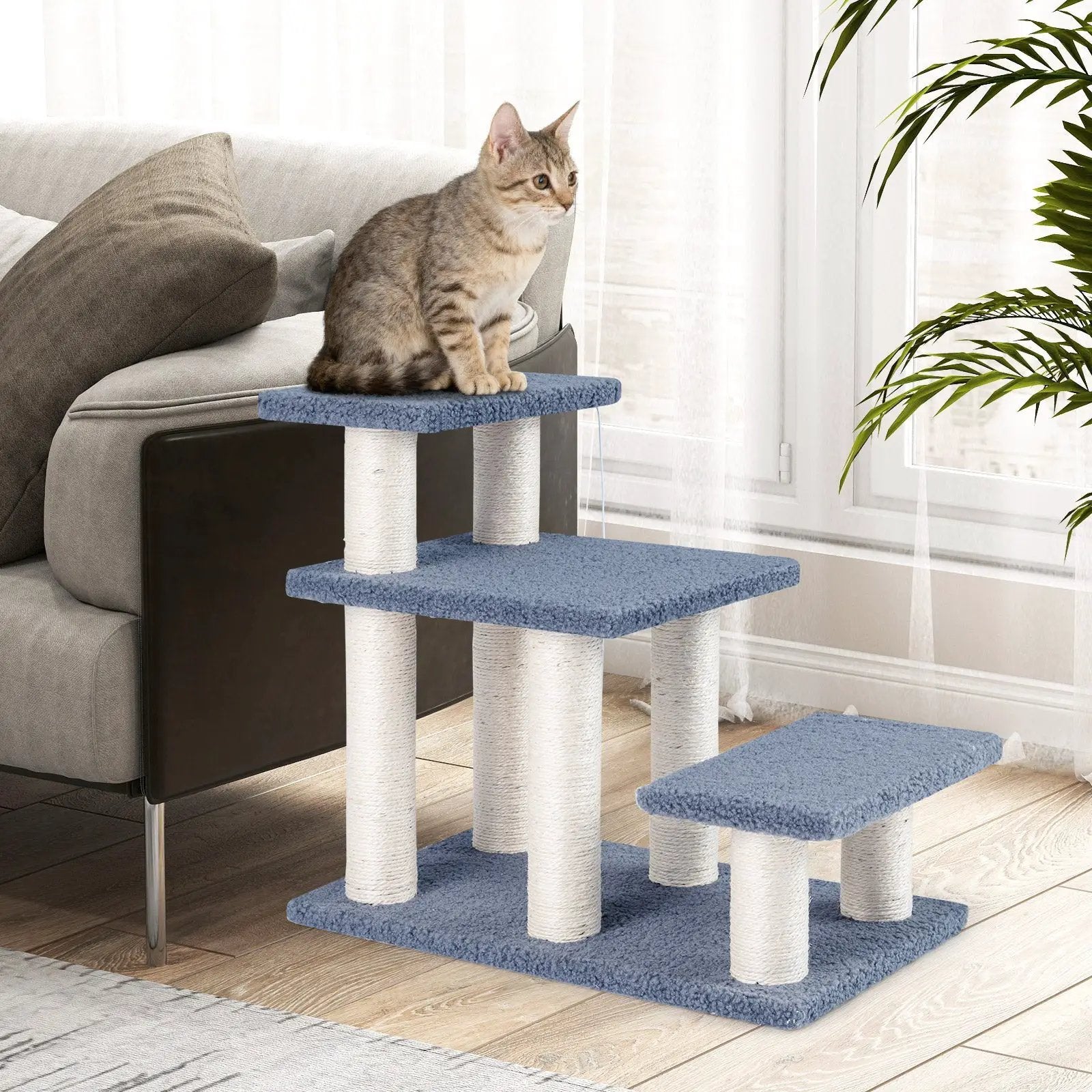 3-Tier Cat Stairs 20 Inch with Scratching Posts and Hanging Toy Ball-Gray by DirectDeals