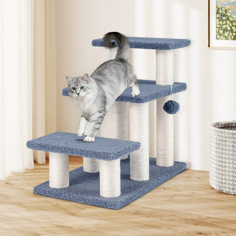 3-Tier Cat Stairs 20 Inch with Scratching Posts and Hanging Toy Ball-Gray by DirectDeals