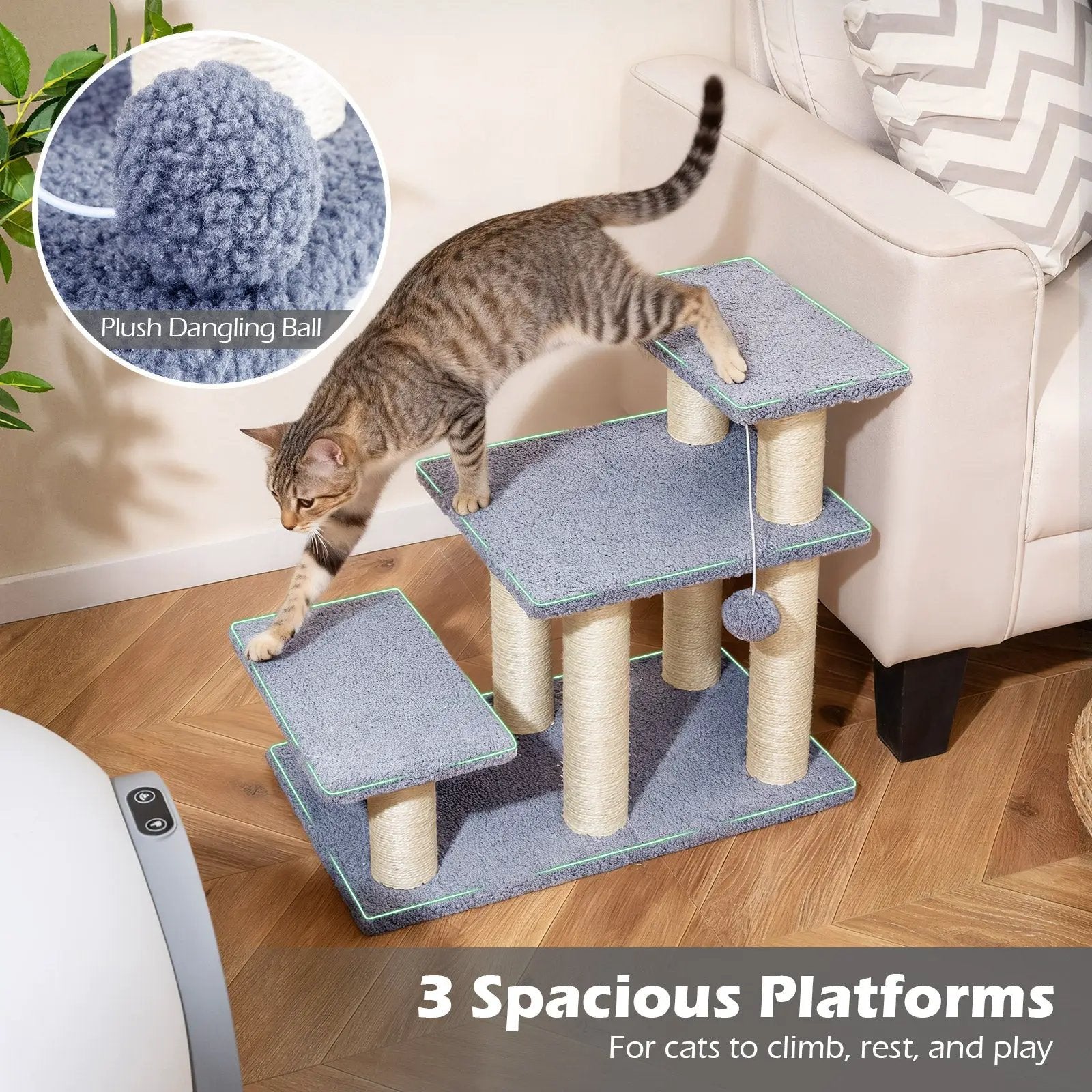 3-Tier Cat Stairs 20 Inch with Scratching Posts and Hanging Toy Ball-Gray by DirectDeals