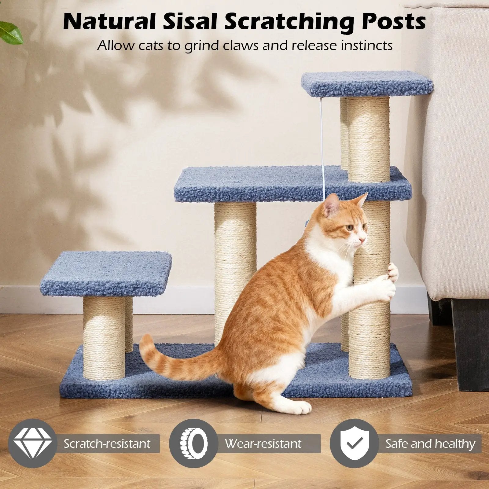 3-Tier Cat Stairs 20 Inch with Scratching Posts and Hanging Toy Ball-Gray by DirectDeals