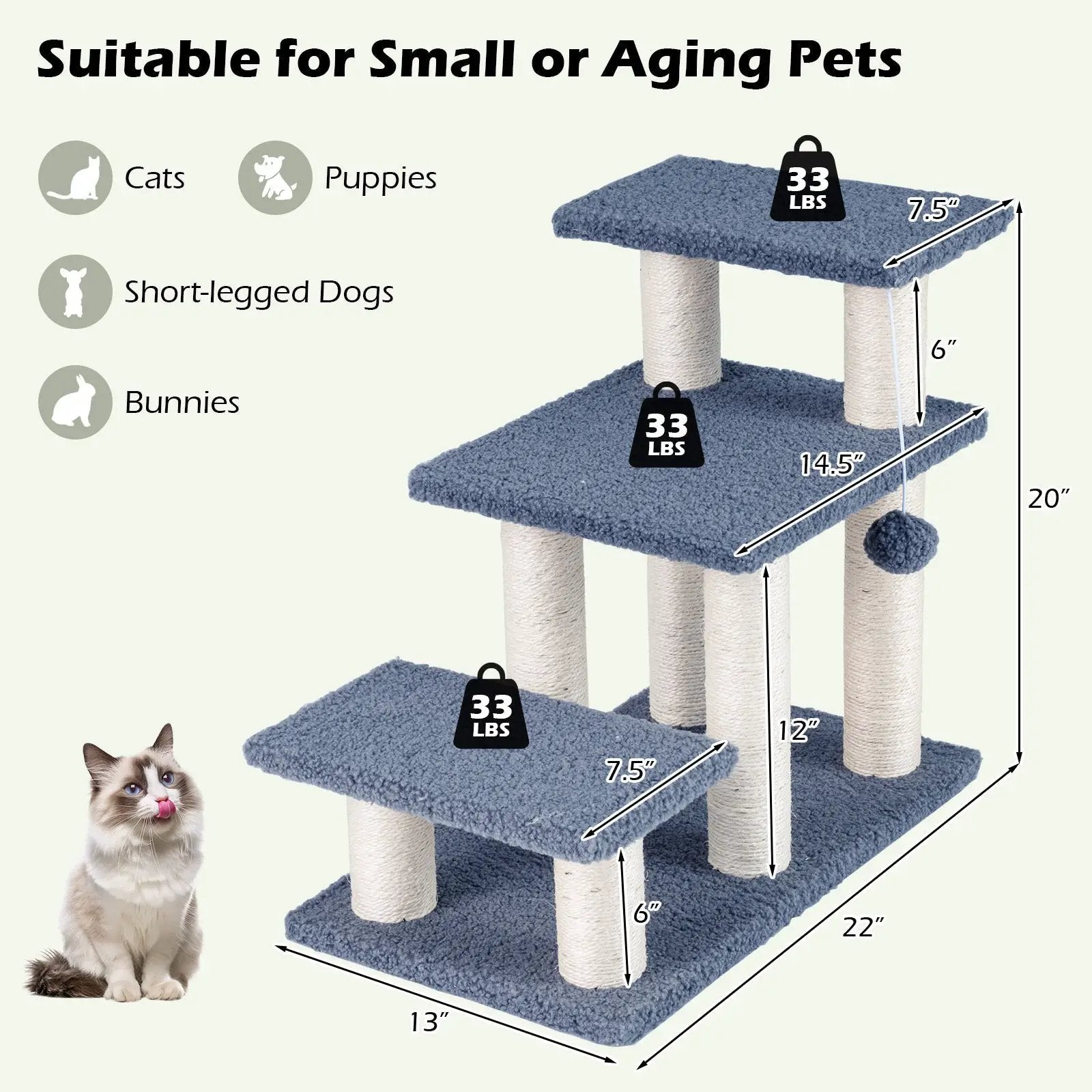 3-Tier Cat Stairs 20 Inch with Scratching Posts and Hanging Toy Ball-Gray by DirectDeals