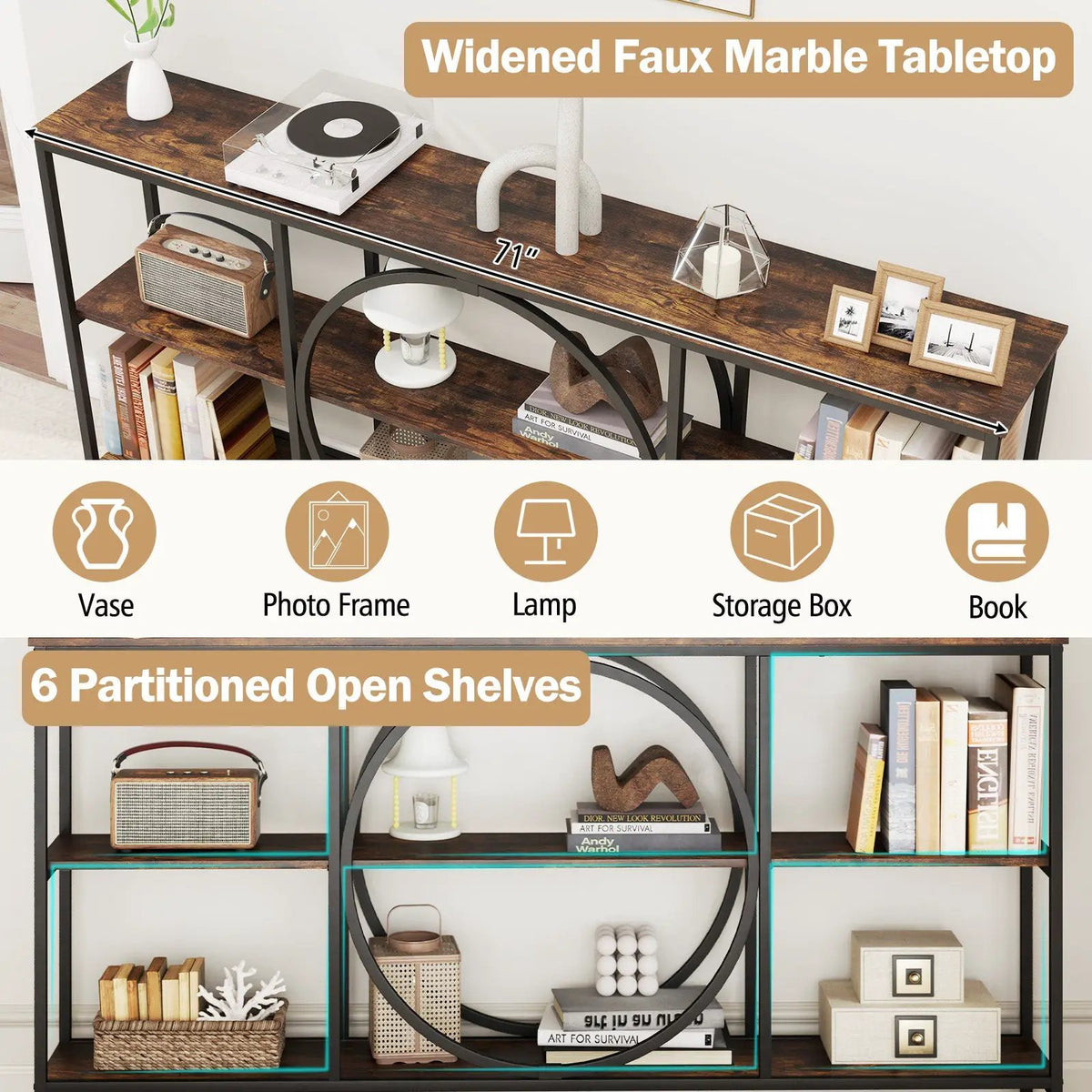 3-Tier Console Table with Faux Marble Top and Storage Shelves for Hallway Living Room by DirectDeals
