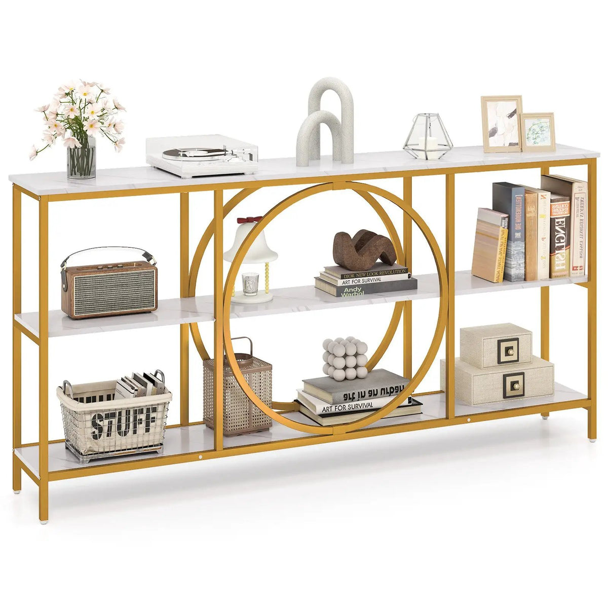 3-Tier Console Table with Faux Marble Top and Storage Shelves for Hallway Living Room by DirectDeals