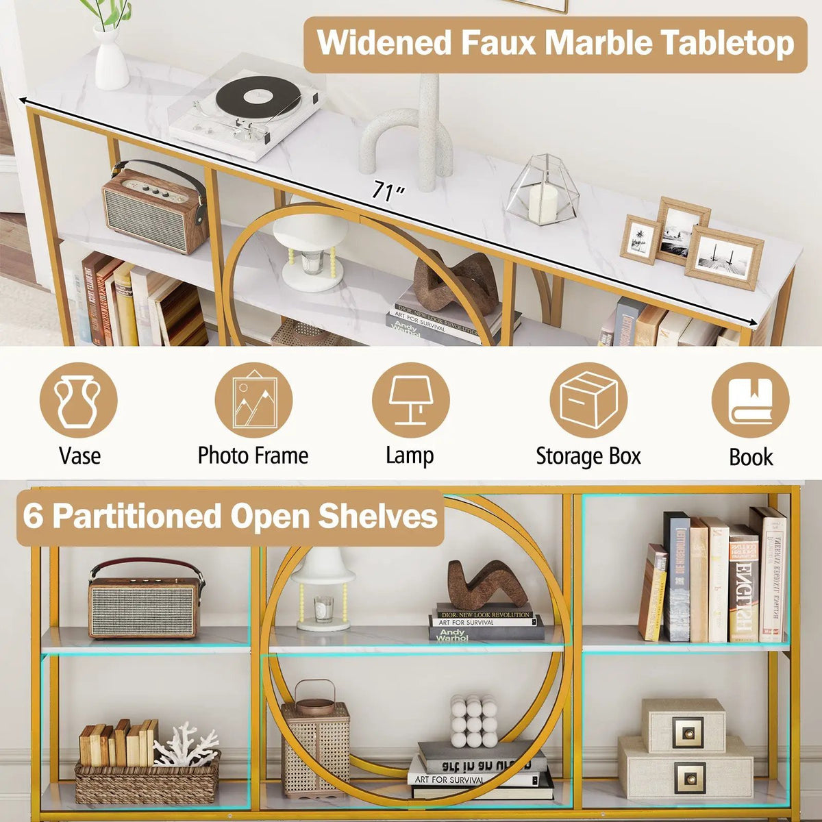 3-Tier Console Table with Faux Marble Top and Storage Shelves for Hallway Living Room by DirectDeals