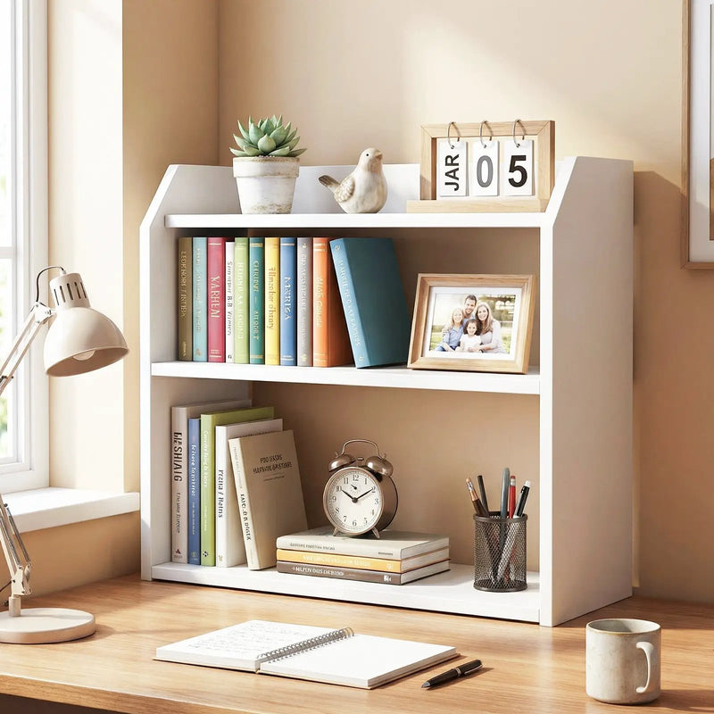 3-Tier Desktop Bookshelf Wooden Countertop Bookcase with Raised Top Guardrails-White by DirectDeals