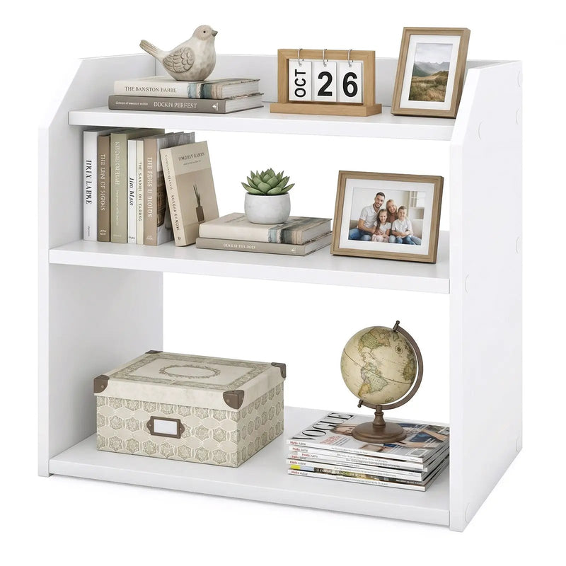 3-Tier Desktop Bookshelf Wooden Countertop Bookcase with Raised Top Guardrails-White by DirectDeals
