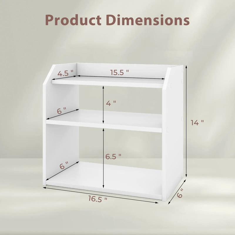 3-Tier Desktop Bookshelf Wooden Countertop Bookcase with Raised Top Guardrails-White by DirectDeals