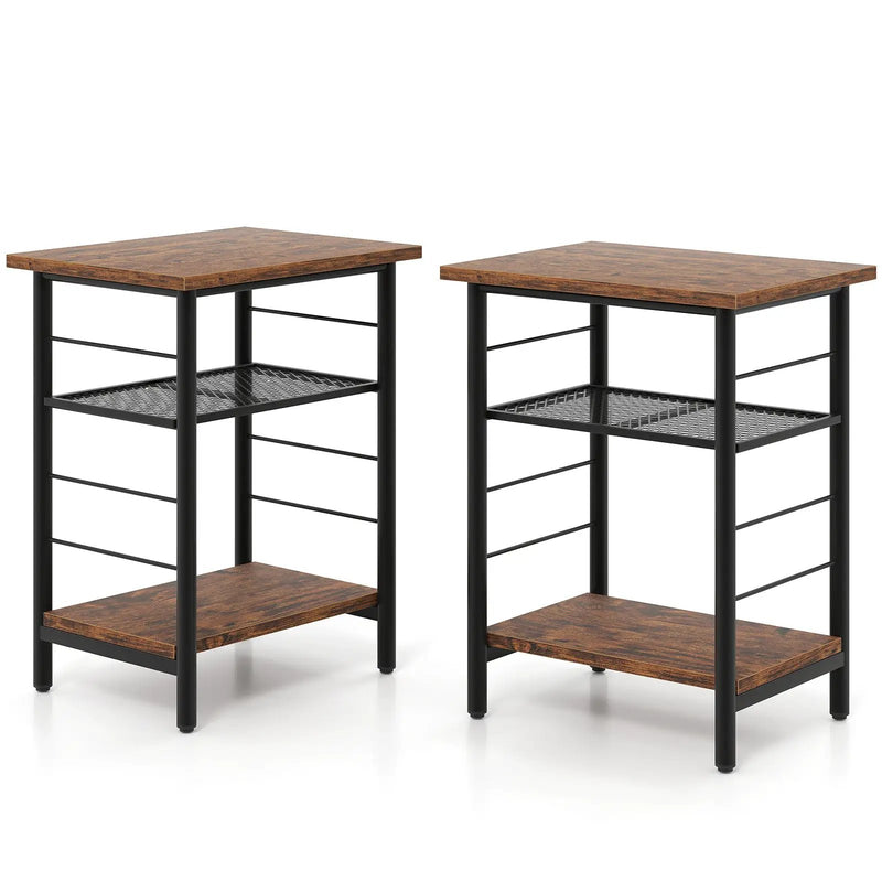 3-Tier End Table Set of 2 Side Table with Storage Shelves Metal Frame-Rustic Brown by DirectDeals