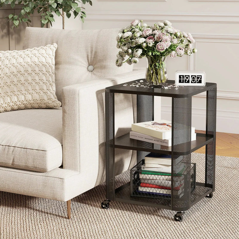 3-Tier End Table with Wheels Rolling Side Table with Open Storage Shelves by DirectDeals
