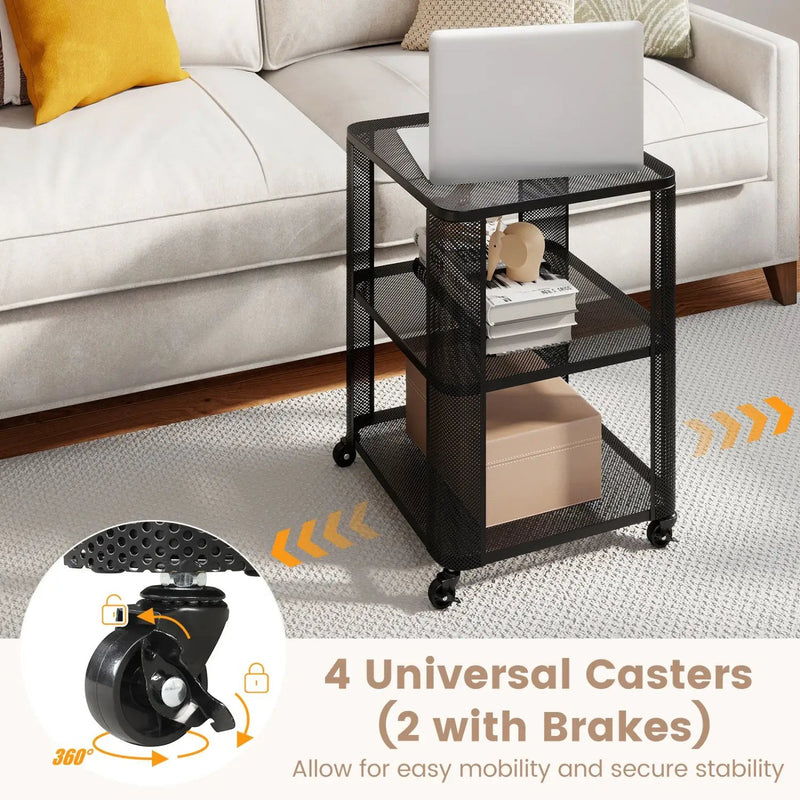 3-Tier End Table with Wheels Rolling Side Table with Open Storage Shelves by DirectDeals