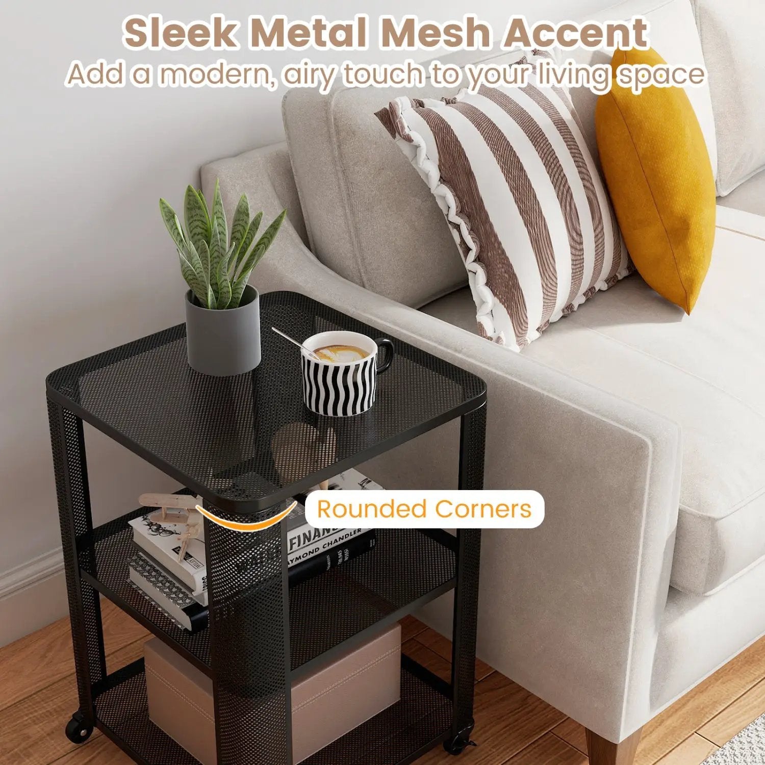 3-Tier End Table with Wheels Rolling Side Table with Open Storage Shelves by DirectDeals