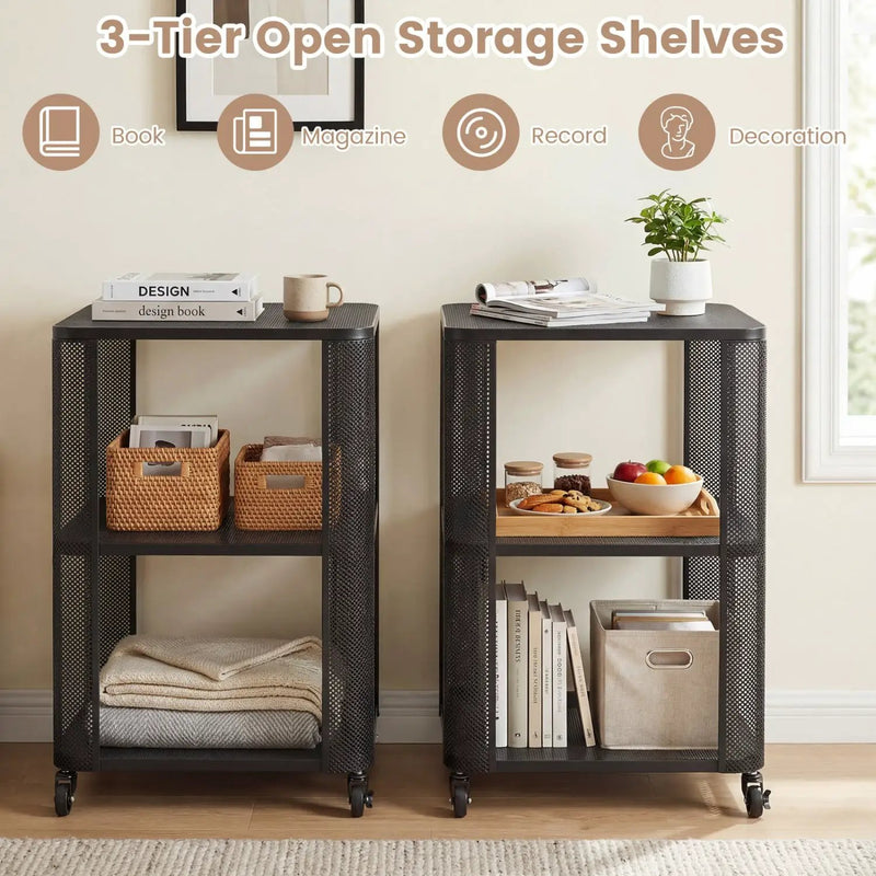 3-Tier End Table with Wheels Rolling Side Table with Open Storage Shelves by DirectDeals