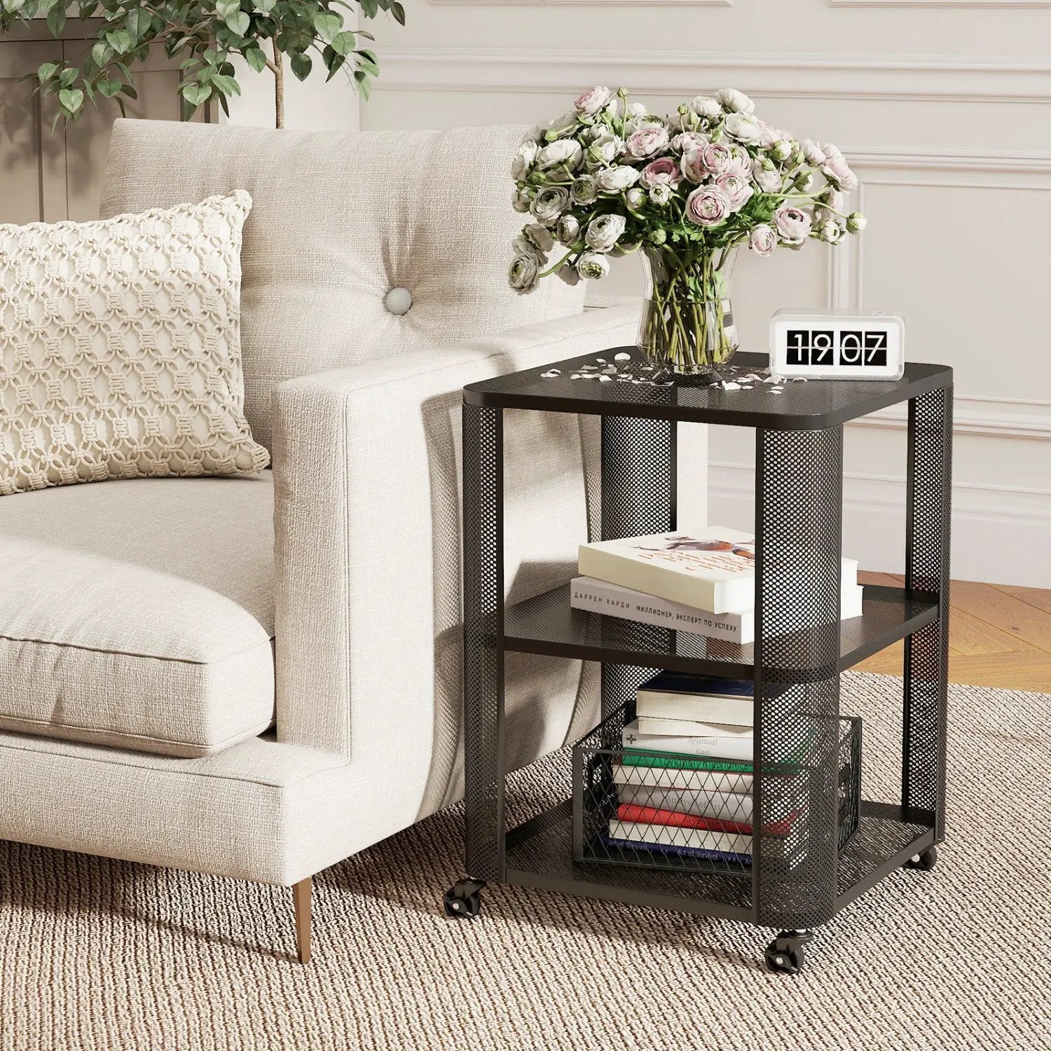 3-Tier End Table with Wheels Rolling Side Table with Open Storage Shelves by DirectDeals