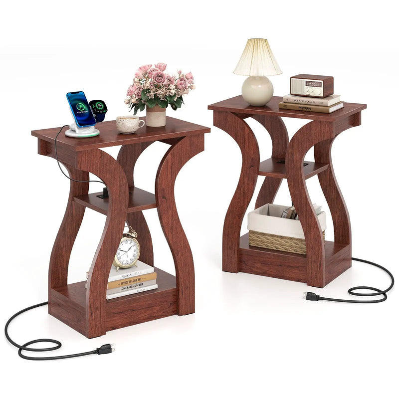 3-Tier End Tables with Charging Station Set of 2 with Open Storage Shelves by DirectDeals