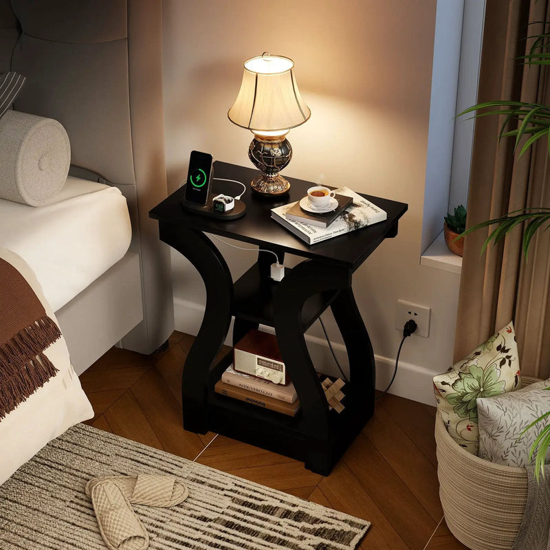 3-Tier End Tables with Charging Station Set of 2 with Open Storage Shelves by DirectDeals