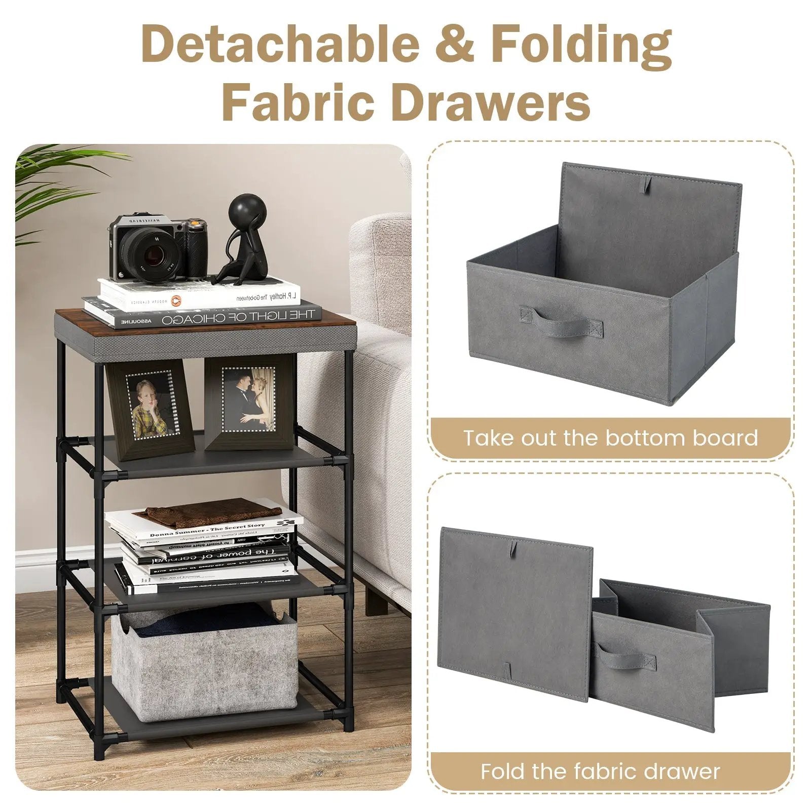 3-Tier Fabric Nightstand with Sturdy Metal Frame by DirectDeals