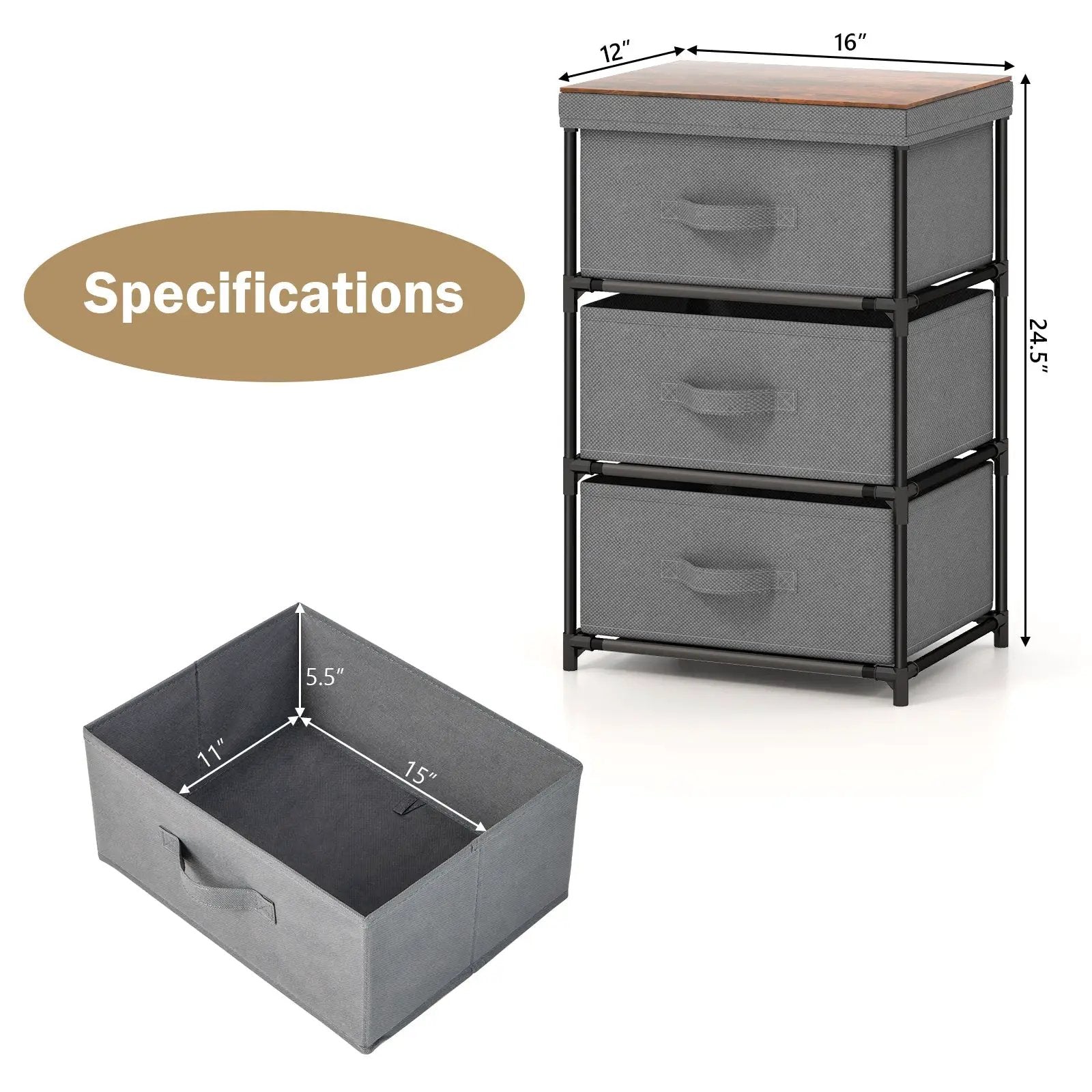 3-Tier Fabric Nightstand with Sturdy Metal Frame by DirectDeals