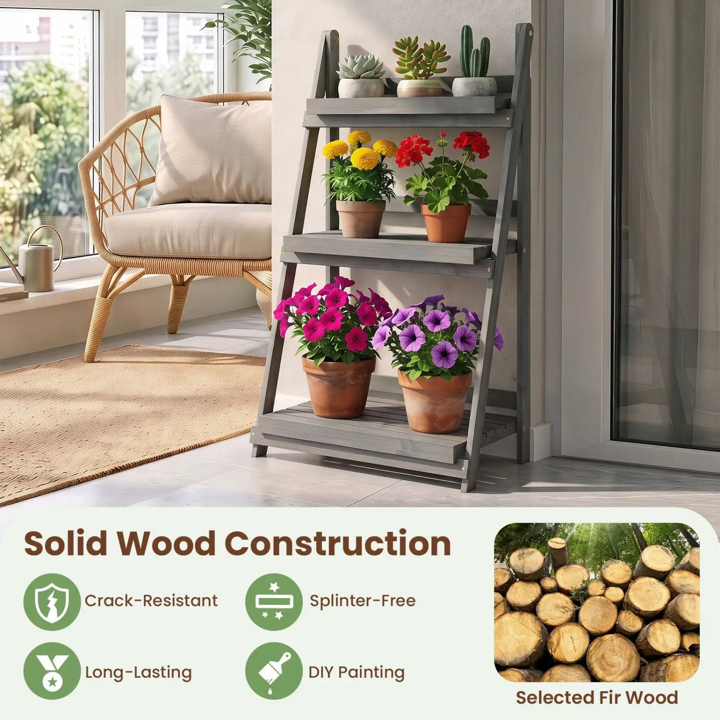 3-Tier Foldable Plant Stand with Slatted Shelves by DirectDeals