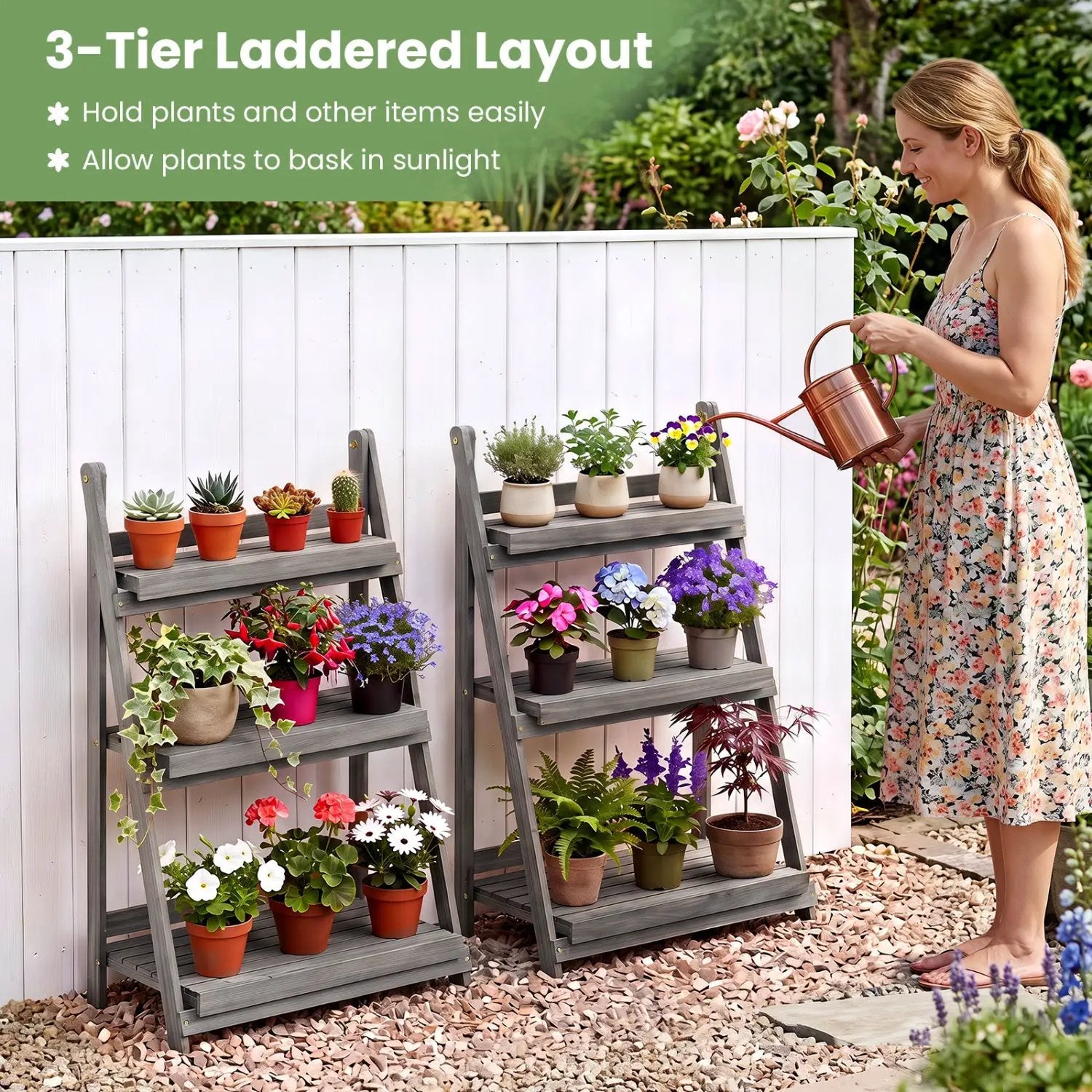 3-Tier Foldable Plant Stand with Slatted Shelves by DirectDeals
