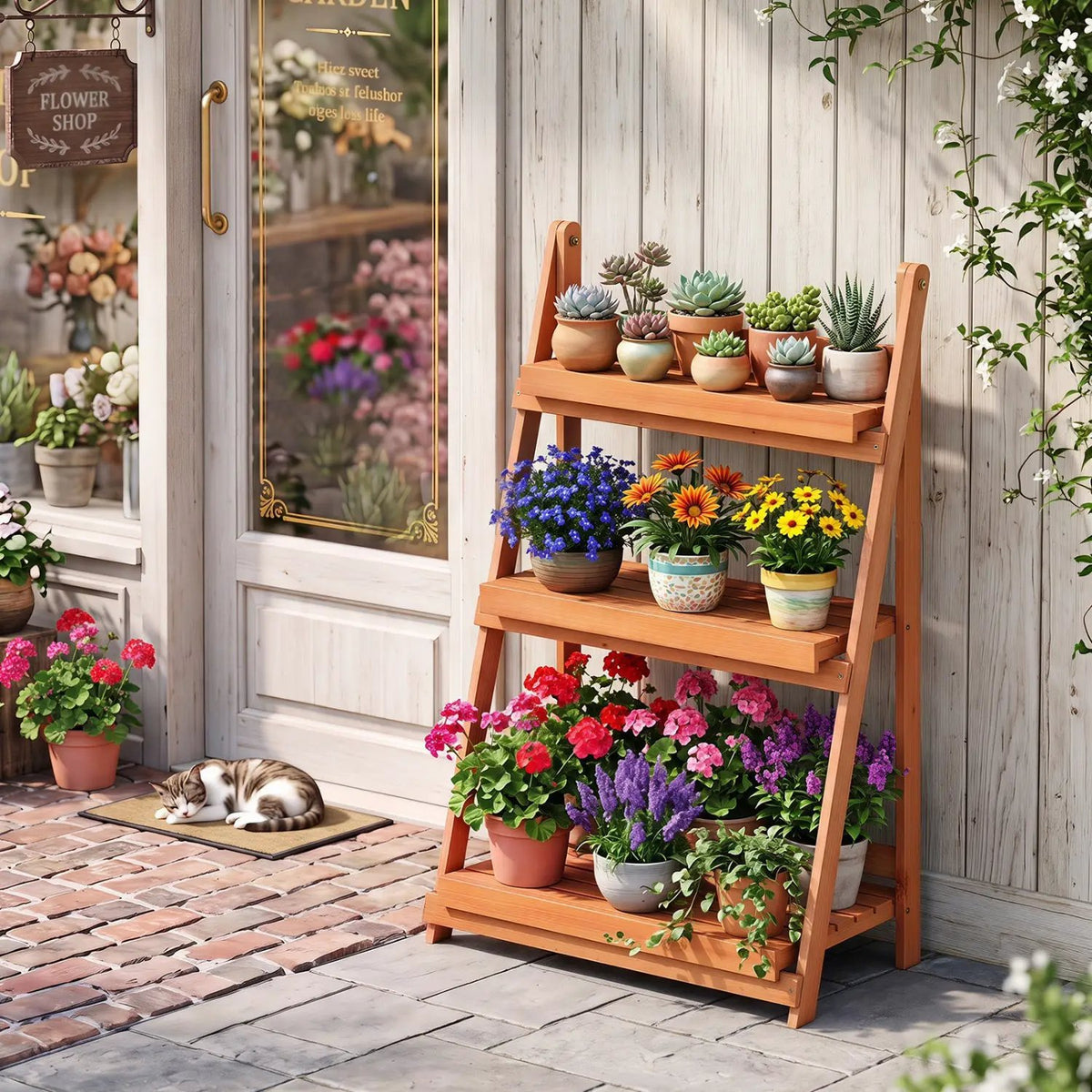 3-Tier Foldable Plant Stand with Slatted Shelves by DirectDeals