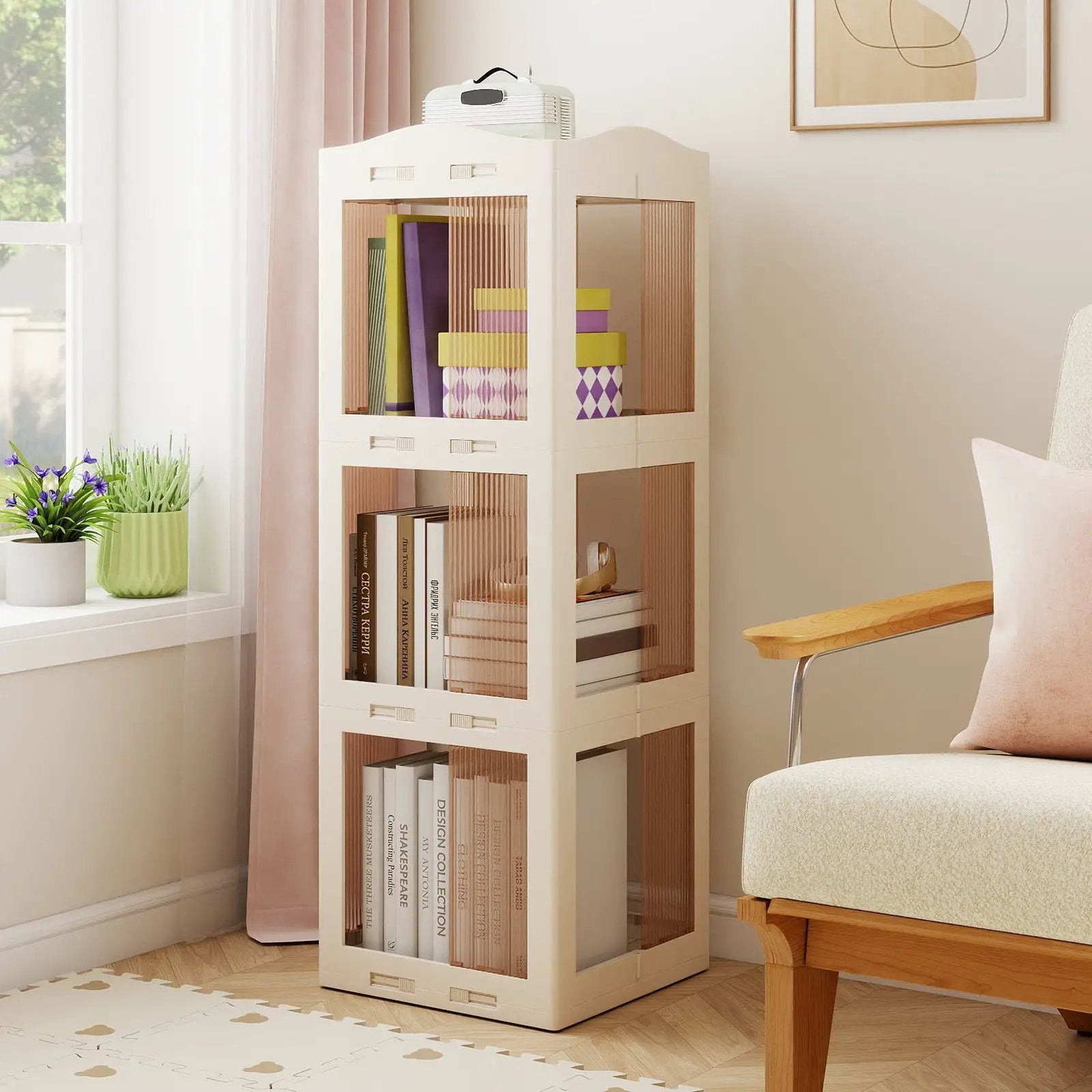 3-Tier Foldable Rotating Bookshelf with Swivel Base and Translucent Panels-White by DirectDeals