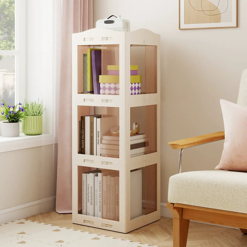 3-Tier Foldable Rotating Bookshelf with Swivel Base and Translucent Panels-White by DirectDeals