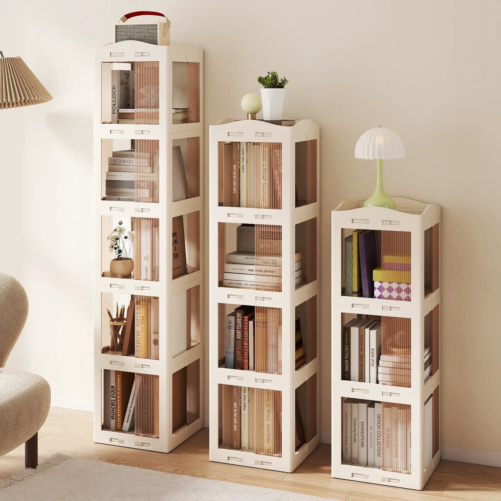 3-Tier Foldable Rotating Bookshelf with Swivel Base and Translucent Panels-White by DirectDeals