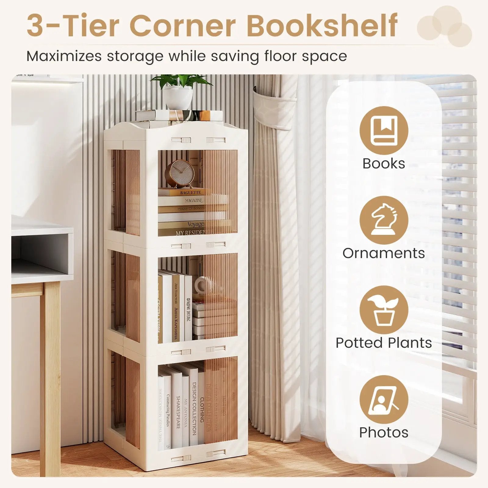 3-Tier Foldable Rotating Bookshelf with Swivel Base and Translucent Panels-White by DirectDeals